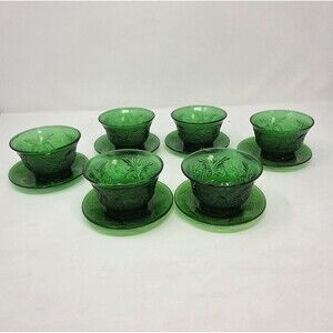 6 Vintage Anchor Hocking Forest Green Sandwich Custard Cups Set And Saucer‎ Set